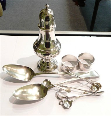 Lot 1 - Two silver tablespoons, a silver sugar caster, other silver etc