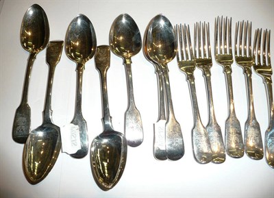 Lot 22 - Seven silver fiddle pattern dessert spoons and five dessert forks (12)