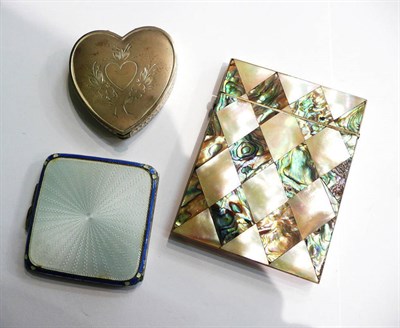 Lot 39 - A Victorian mother of pearl card case, an enamel compact and a plated compact