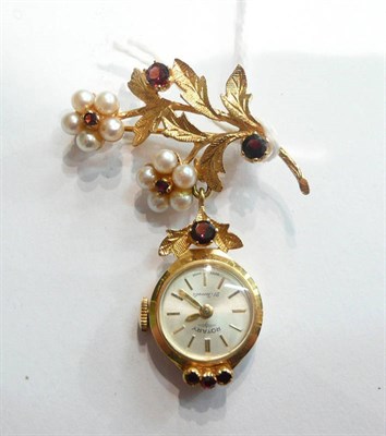 Lot 52 - A 9ct gold garnet set and cultured pearl brooch with attached Rotary 9ct gold watch