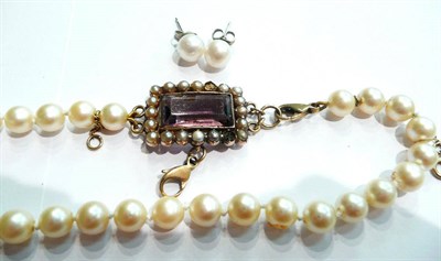 Lot 62 - A pair of cultured pearl earrings and a necklace with amethyst and half pearl clasp (a.f.)