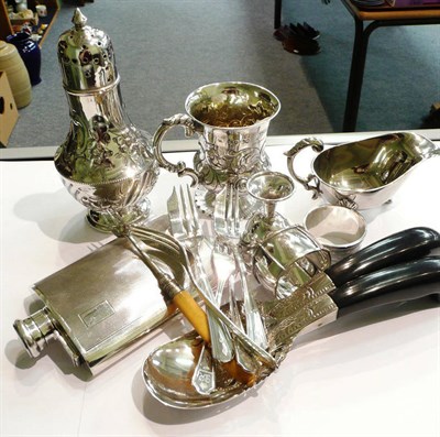 Lot 67 - A quantity of silver and plate items including a spirit flask, three tablespoons, a Christening...
