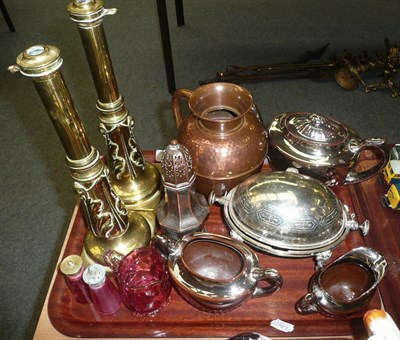 Lot 84 - A pair of brass candlesticks, cranberry jug etc