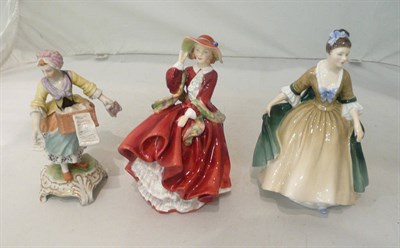 Lot 98 - Two Royal Doulton figures - Elegance HN2264 and Top 'o the Hill HN1834 and a Continental figure
