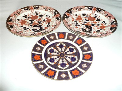 Lot 113 - A Royal Crown Derby Imari plate and a pair of Crown Derby plates (3)