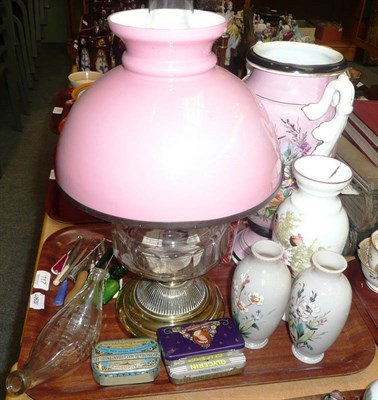 Lot 117 - A collection of Victorian opaque glass vases, an oil lamp with pink glass shade, sewing...