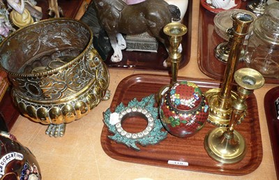 Lot 119 - A Dutch brass planter, three candlesticks, a cloisonne jar and cover, a paste set frame, a quantity