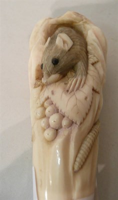 Lot 170 - A Japanese carved ivory mouse cane handle