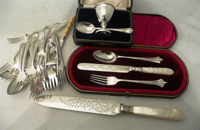 Lot 180 - A plated three piece Christening set, silver egg cup and spoon, plated ware etc