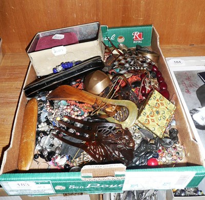 Lot 183 - Box of assorted costume jewellery, spectacles and cases, coins and other collectable items