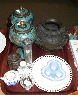 Lot 204 - A bronze vase, a pair of cloisonne vases, a creamware plate, a Wedgwood Jasper dish, a Delft...
