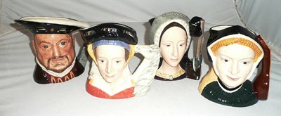 Lot 217 - Four Royal Doulton character jugs, 'Jane Seymour' D6646, 'Anne Boleyn' D6644, 'Anne of Cleves'...