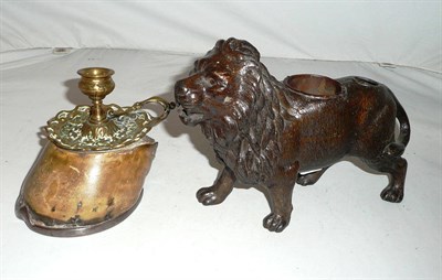 Lot 219 - A horse hoof chamber stick and a bronzed metal model of a lion