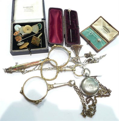 Lot 242 - A group of lorgnettes, a coin holder, cufflinks, studs etc