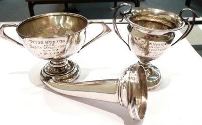 Lot 259 - A Georgian silver wine funnel (lacking bowl) and two small trophy cups