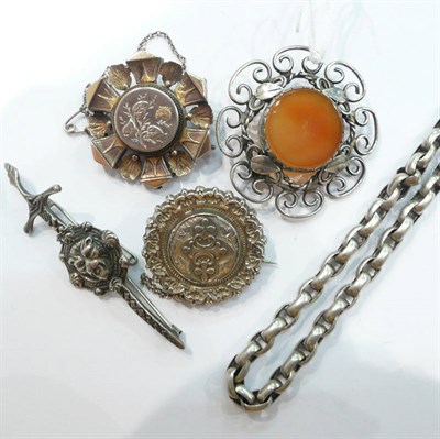 Lot 280 - Four silver brooches and a chain