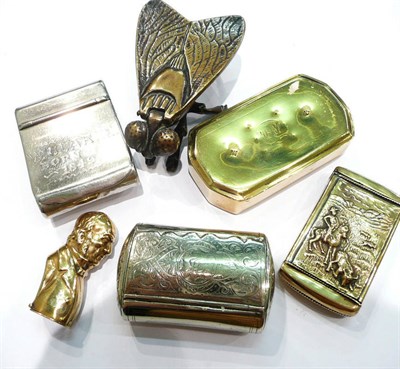 Lot 284 - Two novelty brass vesta cases, two snuffs and two vestas