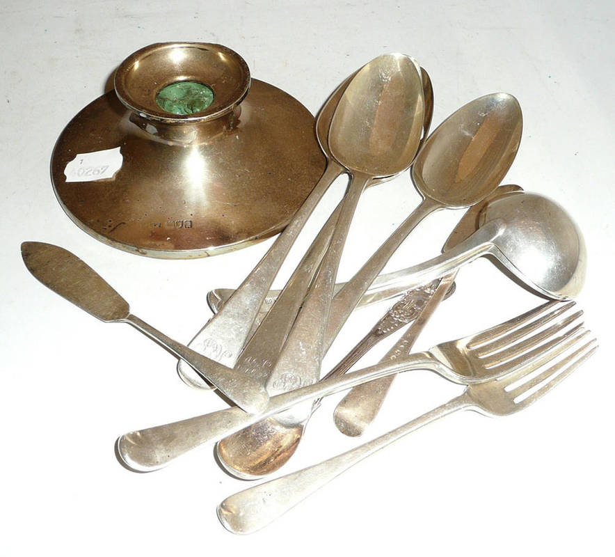 Lot 368 - Four Georgian silver tablespoons, two sauce ladles, two butter knives, two forks, a mustard...
