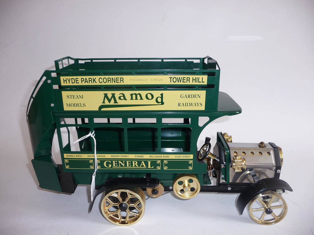 Lot 1097 - A Mamod Live Steam Special Edition London Bus, green open top bus with signs for Hyde Park...