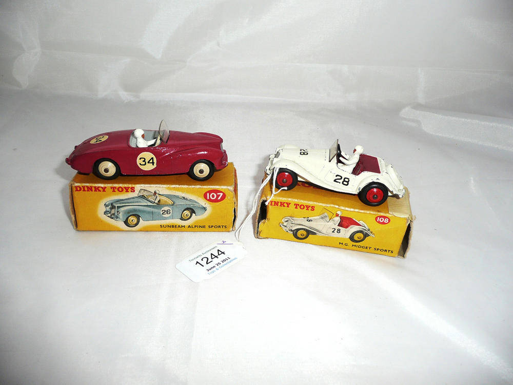 Lot 1244 - Two Boxed Dinky Open Topped Sports Cars:- Sunbeam Alpine Sports No.107, in pink with grey interior