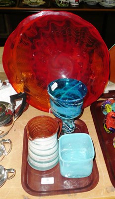 Lot 3 - Ruby glass charger, two pieces of modern coloured art glassware and a pottery jug impressed...