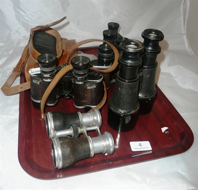 Lot 4 - Five pairs of assorted binoculars, Lusitania German medal, two medals and cuff links