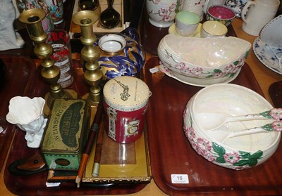 Lot 16 - Two trays of Maling china, mostly blossom bough, brass candlesticks and parasol handles