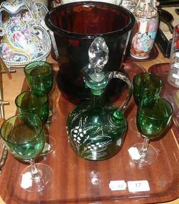 Lot 17 - Victorian cloud glass planter and stand, green glass decanter and glasses