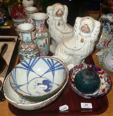 Lot 20 - Two Staffordshire dogs, Maling bowl, Imari bowl and a pair of famille rose vases etc