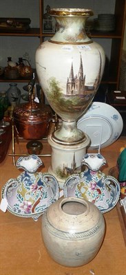 Lot 21 - Large pottery continental vase on stand, Chinese ginger jar, pair of two handled vases (4)