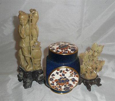 Lot 22 - Two Chinese soapstone figures and a Carlton ware jar and cover