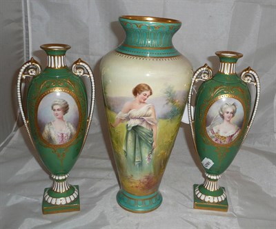 Lot 30 - Pair of green ground Royal Bonn twin handled pedestal vases with painted portraits, a Royal...