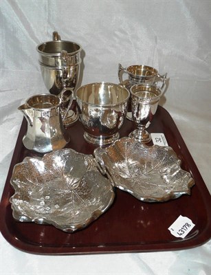 Lot 32 - Silver jug, three trophy cups, another cup and two section leaf dish, 18oz