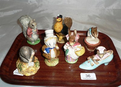 Lot 36 - Seven assorted Beatrix potter figures; Timmy Tiptoes, Diggory Diggory Delvet, Mrs Rabbit,...