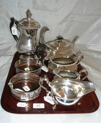 Lot 41 - Plate three piece tea set, a coffee pot, a sauce boat, two handled tray and two coasters