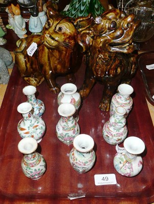 Lot 49 - One Chinese style cat and one Chinese style dog and nine small Cantonese vases