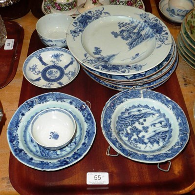 Lot 55 - Six Chinese blue and white 18th century plates, three pudding plates, a tea bowl and saucer and...