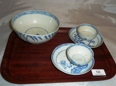 Lot 58 - English soft paste bowl, two tea bowls and saucers (a.f.) (Bow)