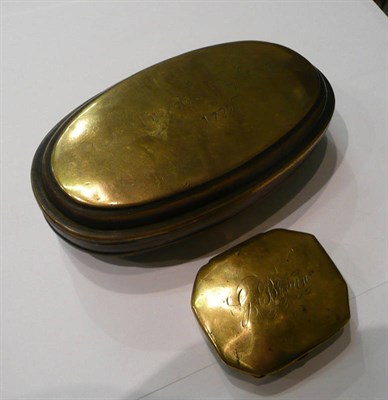 Lot 66 - An 18th century brass tobacco box inscribed Francis Stephenson 1736 and a brass snuff box inscribed