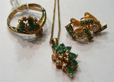 Lot 79 - An emerald and diamond ring and matching pendant on chain, stamped '14k' and a pair of emerald...