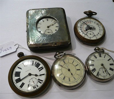 Lot 96 - Two silver pocket watches, silver mounted travelling case containing a silver pocket watch and...