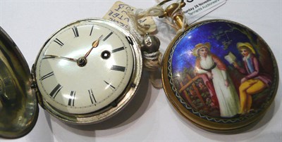 Lot 98 - A gilt metal pocket watch with an enamel case back and a silver full hunter pocket watch