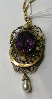 Lot 101 - An amethyst and seed pearl pendant on chain