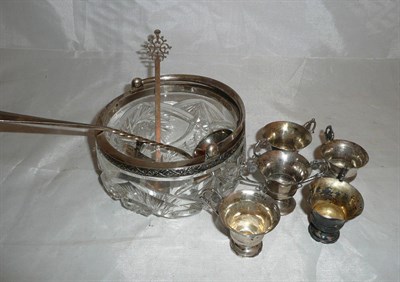 Lot 123 - Cut glass basket with white metal mount, spoons and white metal tots