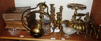 Lot 126 - Two brass mounted Holy Bibles, brass candlesticks, metalwares etc