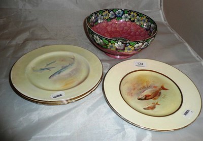 Lot 134 - Four Royal Doulton fish plates and Maling bowl