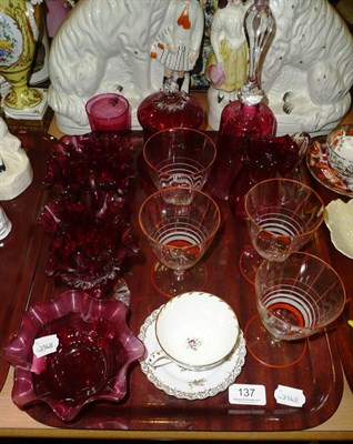 Lot 137 - Tray including cranberry coloured glassware, four Deco style gasses and a Dresden cup and saucer