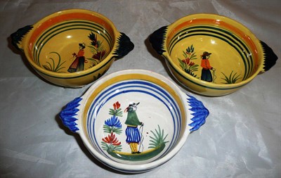 Lot 168 - Three French two handled quimper bowls