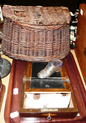 Lot 172 - Wicker fishing creel, inlaid hinged box and assorted coins