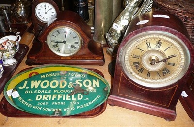 Lot 173 - Three inlaid mantle clocks and two oval advertising signs 'Players Please' and 'J Wood and Son,...